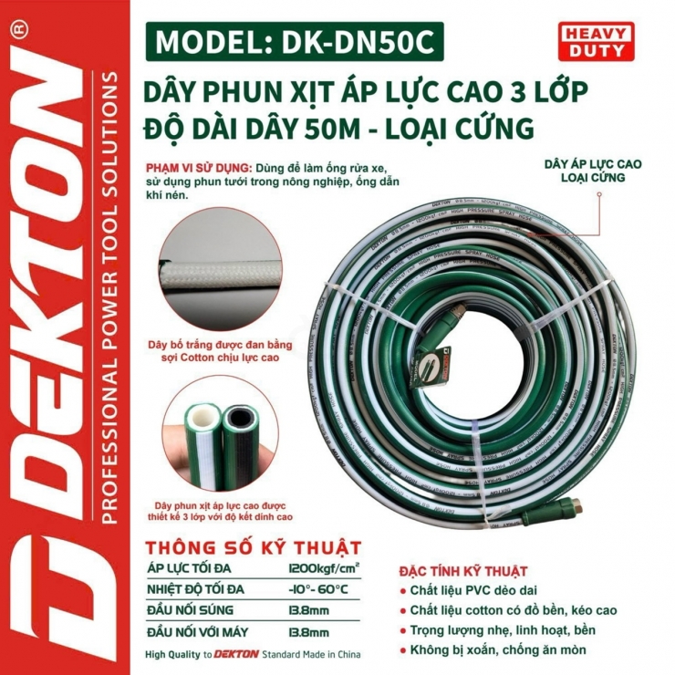Dây xịt rửa xe 50m cao áp Dekton DK-DN50M & DK-DN50C