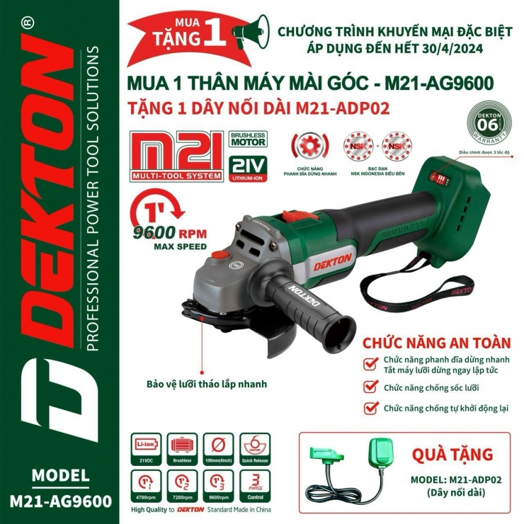 Thân Máy Mài Pin Dekton M21-AG6900 ( Tốc Cao 9600 rpm ) ( Chưa Pin & Sạc )