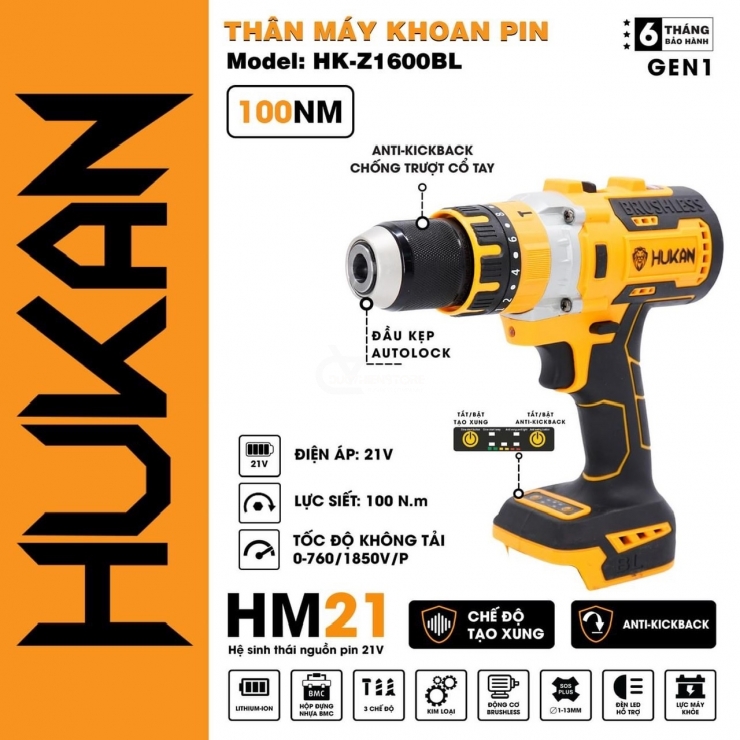 Thân Máy Khoan Pin HuKan HK-Z1600BL Phiên Bản Nâng Cấp ( Chưa Pin & Sạc )