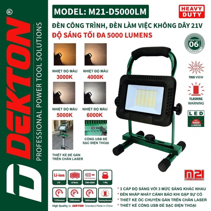 Đèn Led Công Trình dùng Pin 21V Dekton M21-D5000LM