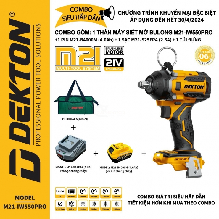 Combo Máy Siết Bulong Pin Dekton M21-IW550PRO