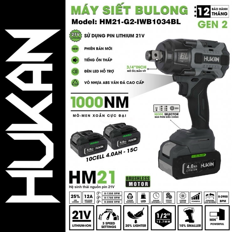 Máy bắn bulong 1000Nm Pin 21V Hukan HM21-G2-IW1000N 1/2 inch