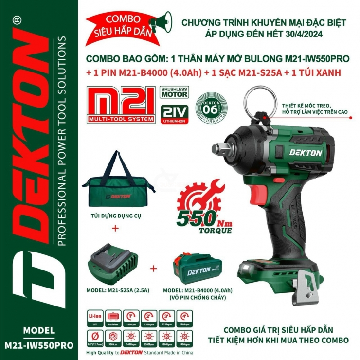 Combo Máy Siết Bulong Pin Dekton M21-IW550PRO