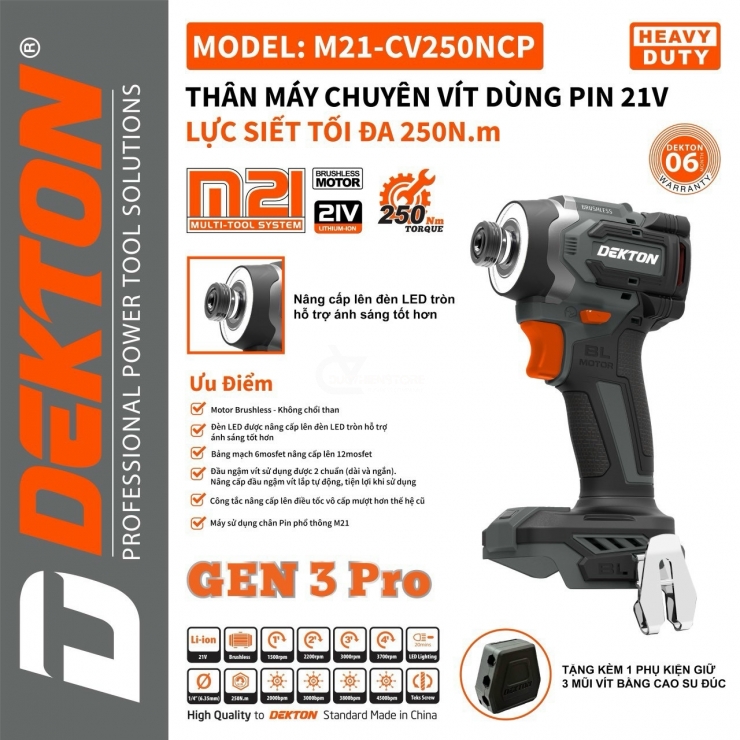 Máy bắt vít Pin 21V Dekton M21-CV250NCP Brushless Gen 3 