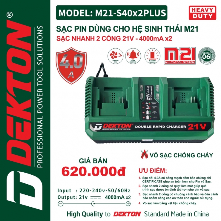 Sạc Đôi 21V Dekton M21-S40x2PLUS ( 2 Quạt Tản Nhiệt & Chuông Báo )