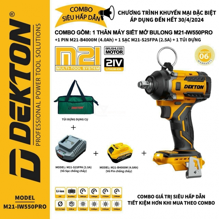Combo Máy Siết Bulong Pin 21V Dekton M21-IW550PRO