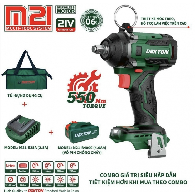Combo Máy Siết Bulong Pin 21V Dekton M21-IW550PRO