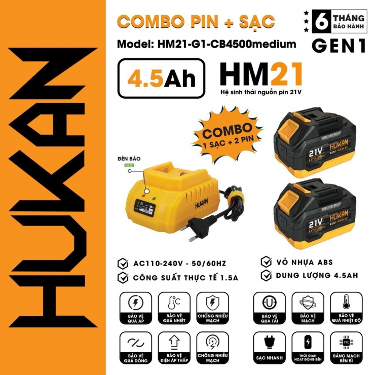 Pin Hukan HM21-G1-CB4500medium ( Combo 2 Pin 4.5AH + Sạc + Thùng )