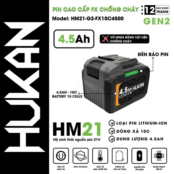 Pin 21V Hukan HM21-G2-FX15C4500 (15Cell 4.5Ah)