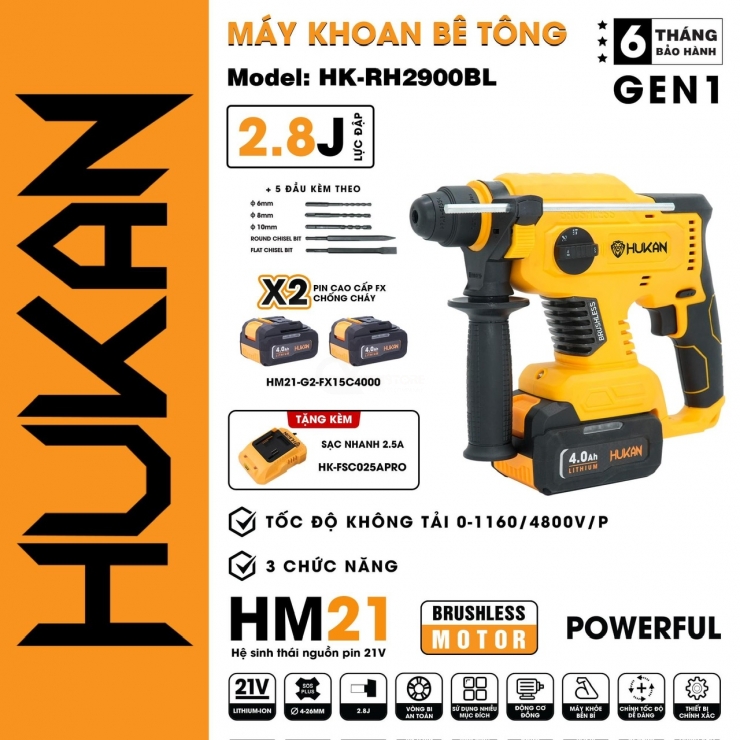 Combo máy khoan bê tông pin Hukan HK-RH2900BL