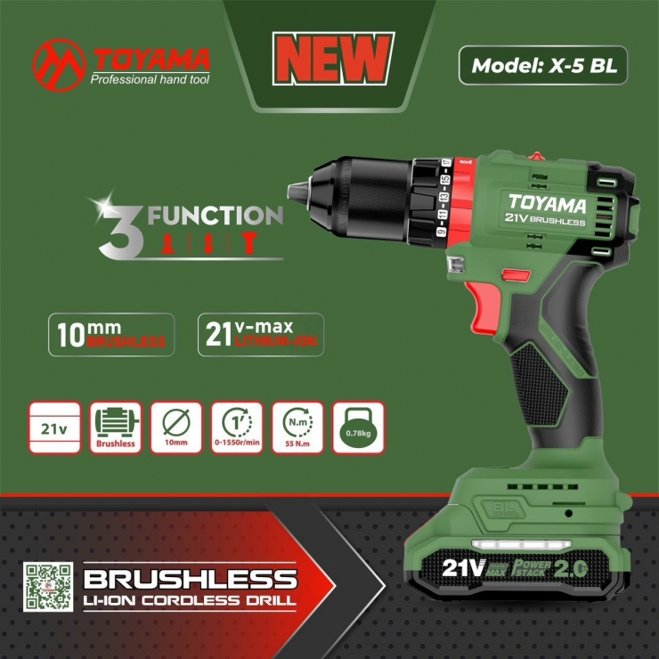 Máy khoan Pin 21V TOYAMA X-5 BL kèm Phụ Kiện