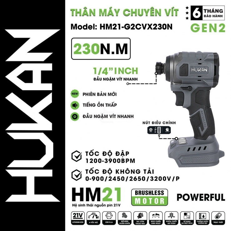 Máy bắn vít Pin 21V Hukan HM21-G2CVX230N Brushless