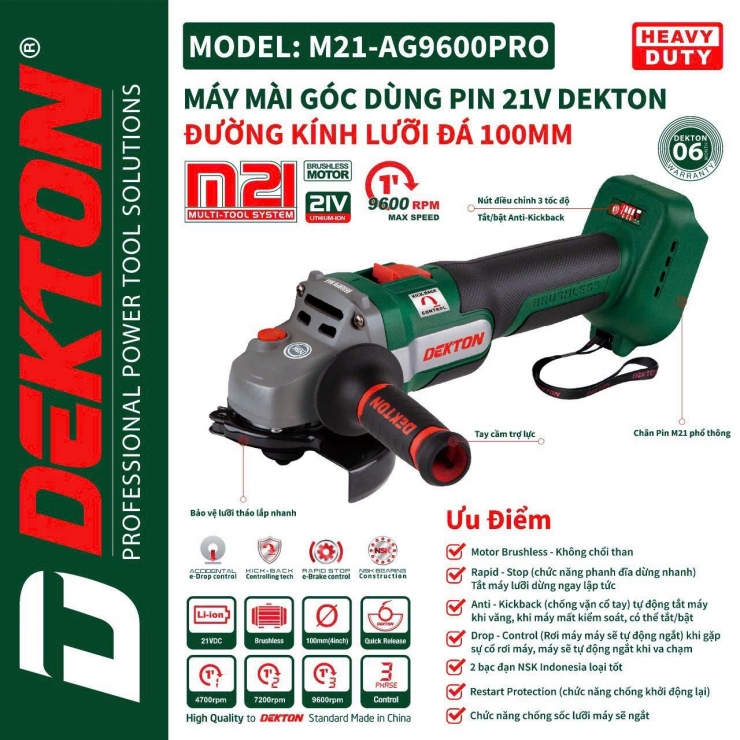 Máy mài góc Pin 21V Dekton M21-AG9600PRO Tốc Cao