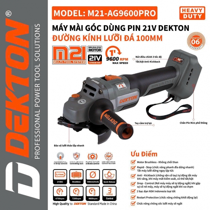 Máy mài Pin 21V Dekton M21-AG9600PRO Antikick Back