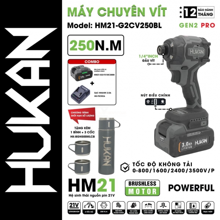 Combo Máy Bắt VÍt Dùng Pin Hukan HM21-G2CV250BL Gen 2