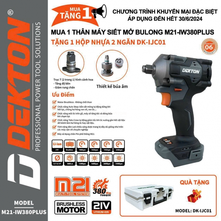 Máy siết Bulong Pin 21V Dekton M21-IW380PLUS Auto Stop