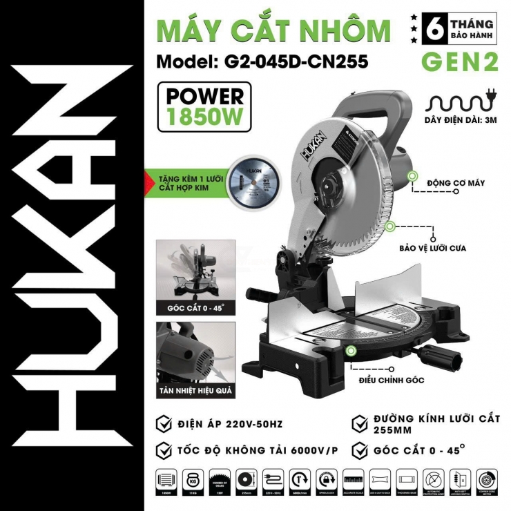 Máy Cắt Nhôm Gỗ HUKAN G2-045D-CN255 1850W