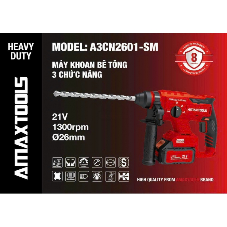 Máy khoan bê tông Pin 21V Amaxtools A3CN2601-SM 3 chức năng