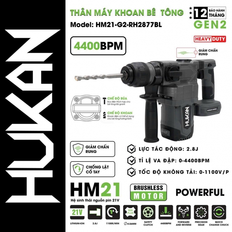 Thân Máy Khoan Đục Bê Tông Pin Hukan HM21-G2-RH2877BL ( Chưa Pin & Sạc )