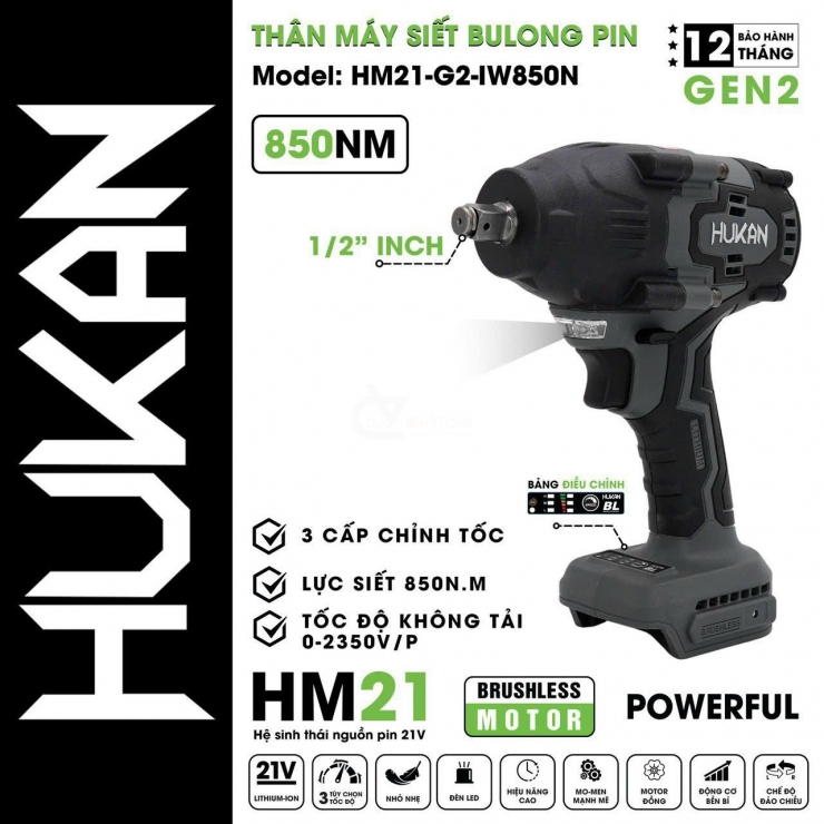Combo Máy Siết Bulong Pin Hukan HM21-G2-IW850N 