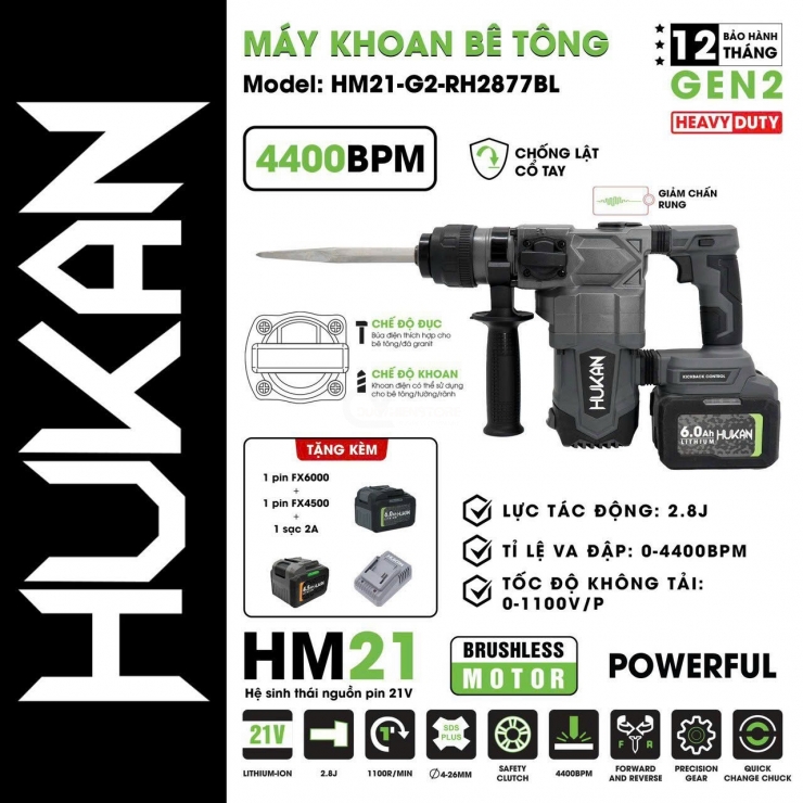 Combo Máy Khoan Đục Bê Tông Pin Hukan HM21-G2-RH2877BL Hammer