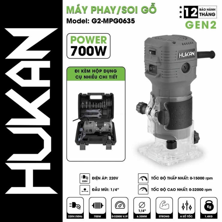 Máy phay 6mm Hukan G2-MBG0635 chỉnh tốc kèm phụ kiện