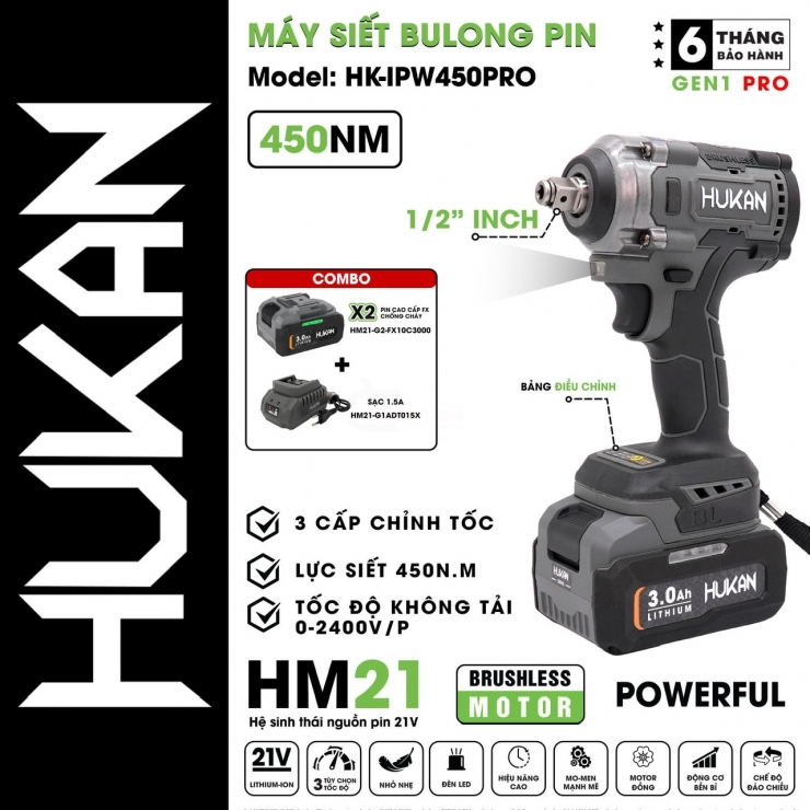 Thân Máy Siết Bulong Pin Hukan HK-IPW450PRO ( Chưa Pin & Sạc )