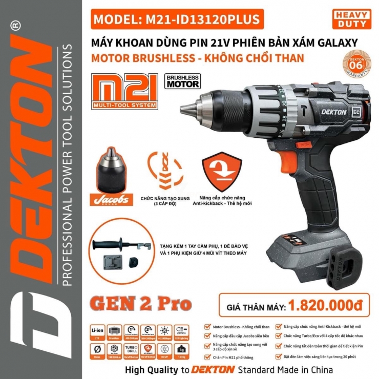 Máy khoan Pin 21V Dekton M21-ID13120Plus tạo xung 3 cấp