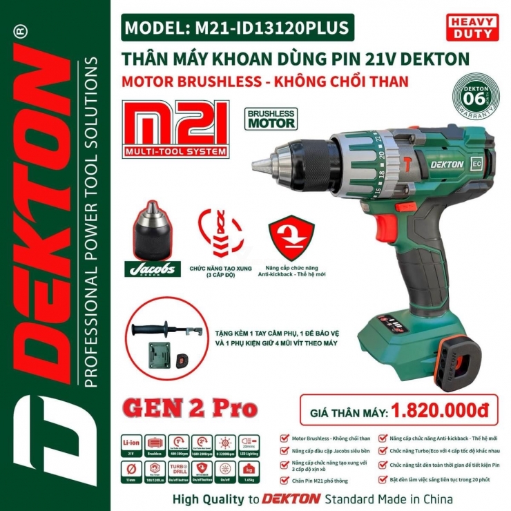 Máy khoan Pin 21V Dekton M21-ID13120Plus tạo xung 3 cấp