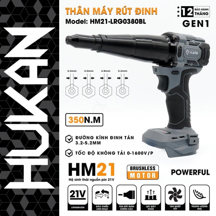 Thân máy rút rive dùng pin Hukan HM21-LRG0380L ( Chưa Pin & Sạc )