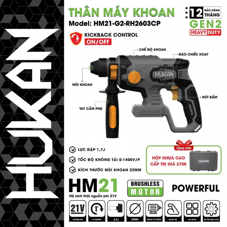 Máy khoan bê tông Pin 21V Hukan HM21-G2-RH2603CP Brushless