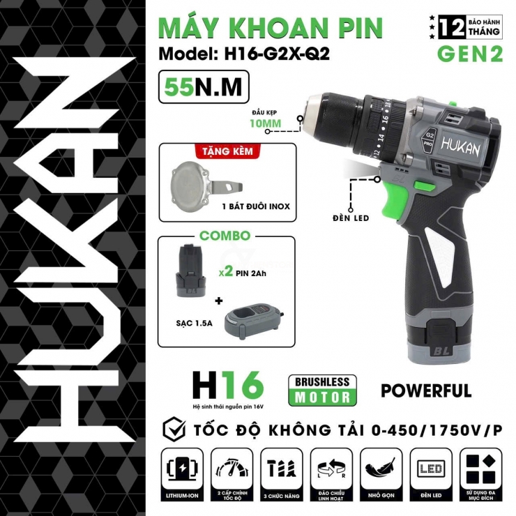 Combo máy khoan pin 10mm Hukan H16-G2C-Q2 ( màu cafe )