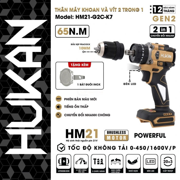 Máy khoan Pin 10mm Hukan HK-G2C-K7 ( 2 trong 1 )