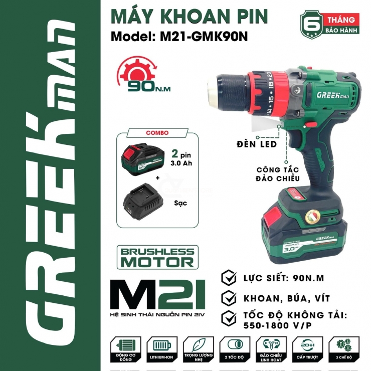 Combo máy khoan pin Greekman M21-GMK90N