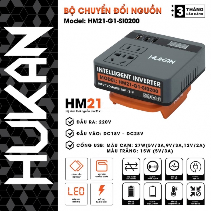 Bộ chuyển nguồn Pin Hukan HM21-G1-SI0200 ( DC 18-21V lên 220V )