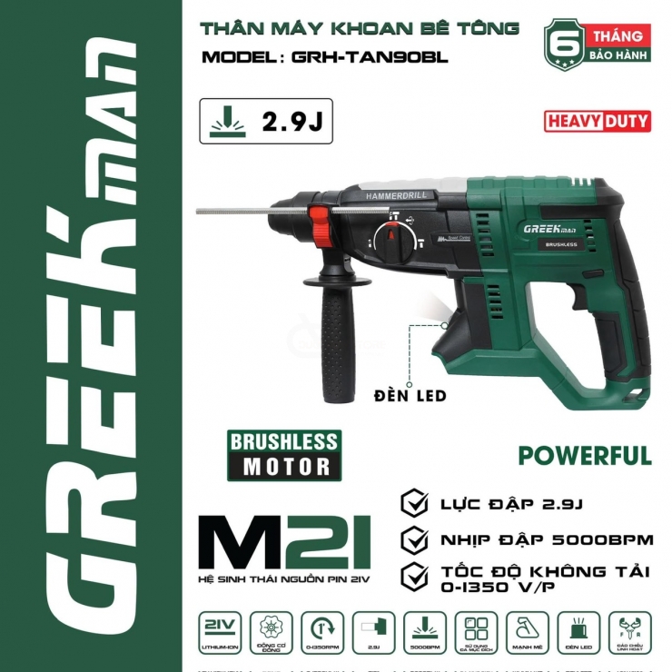 Thân máy khoan bê tông dùng pin Greekman GRH-TAN90BL ( Chưa Pin & Sạc )