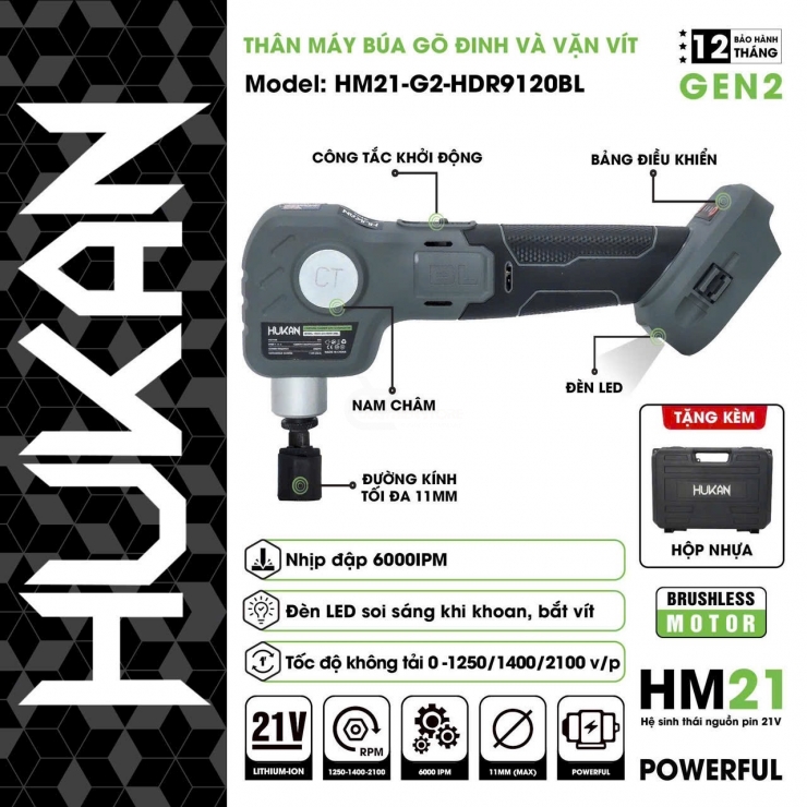 Thân máy búa gõ đinh & vặn vít dùng pin Hukan HM21-G2-HDR9120BL