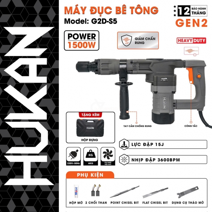 Máy đục bê tông 17mm Hukan  G2D-S5 1500W