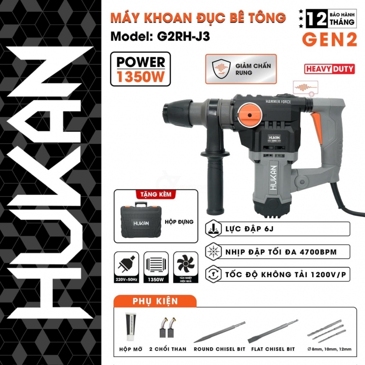 Máy khoan đục bê tông 14mm Hukan G2-RH-J3 1350W