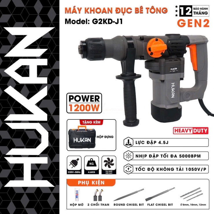 Máy khoan đục bê tông Hukan G2KD-J1 ( 14mm - 12000W )