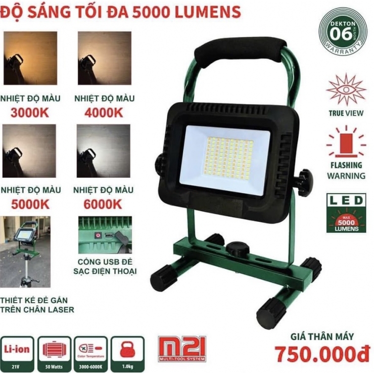 Đèn Led Công Trình dùng Pin 21V Dekton M21-D5000LM