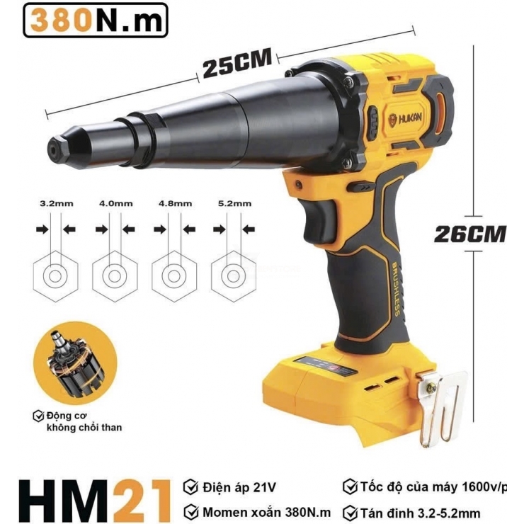Thân Máy Rút Rivet 5.2mm Dùng Pin Hukan HM21-LRG0380BL ( Chưa Pin & Sạc )