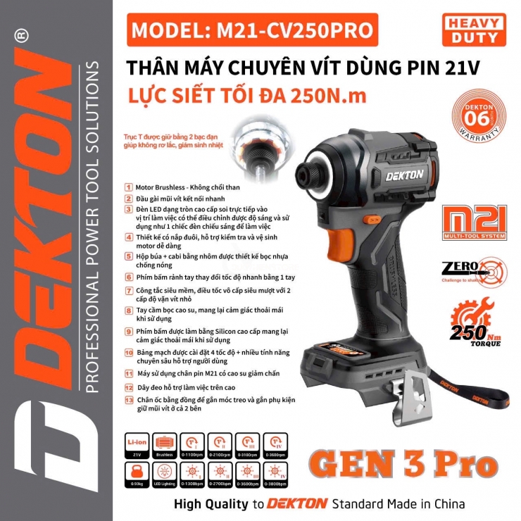 Máy bắn vít Pin 21V Dekton M21-CV250PRO  Gen3