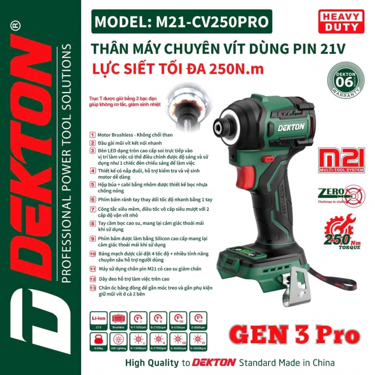 Máy bắn vít Pin 21V Dekton M21-CV250PRO  Gen3