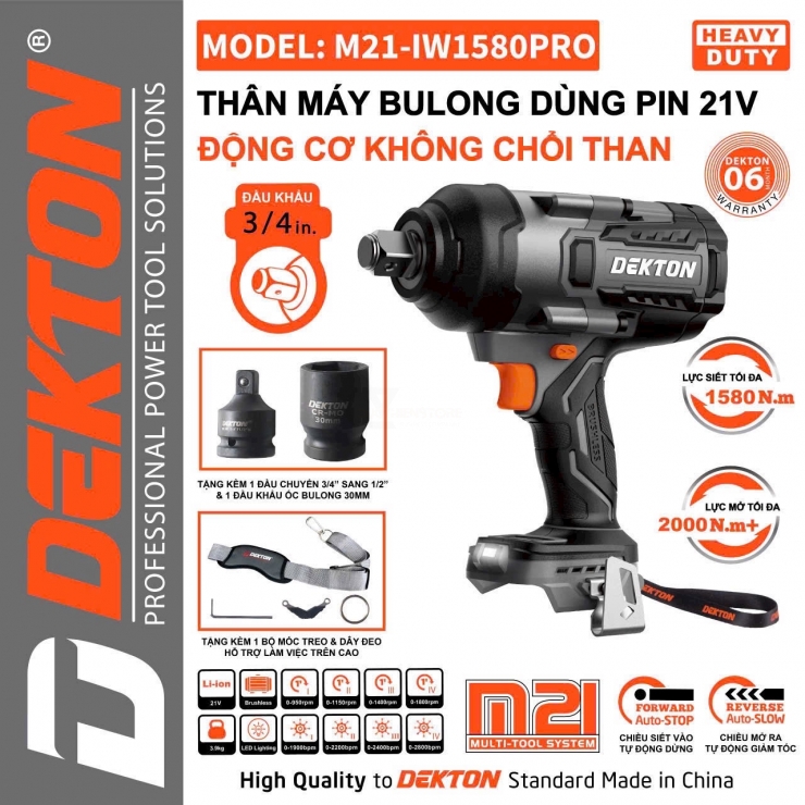 Máy siết bulong 3/4 inch Pin 21V Dekton M21-IW1580PRO