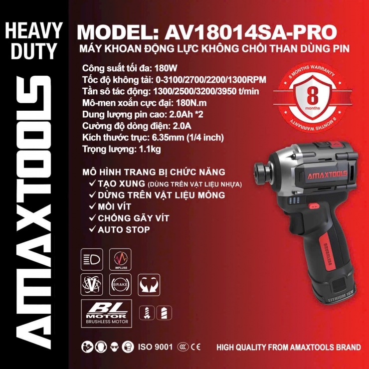 Máy bắt vít búa Pin 180Nm Amaxtools AV18014SA-PRO