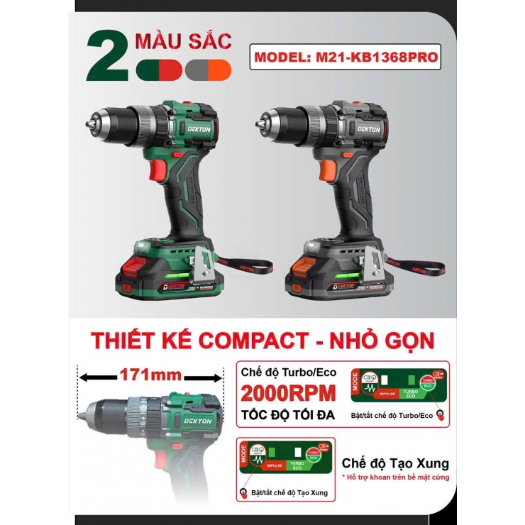 Máy khoan Pin 21V Dekton M21-KB1368PRO tạo xung - Turbo / ECO