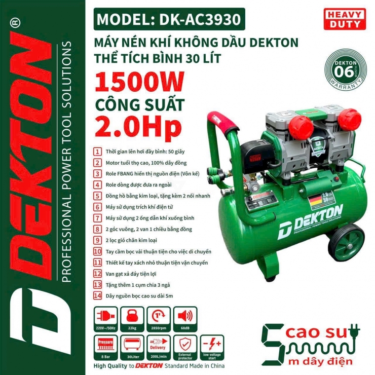 Máy nén khí không dầu 30L Dekton DK-AC3930 2HP ( 50s đầy bình )