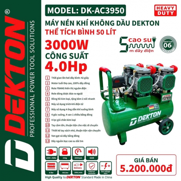 Máy nén khí không dầu 50 lít Dekton DK-AC3950 ( 4.0HP - 42s đầy bình )