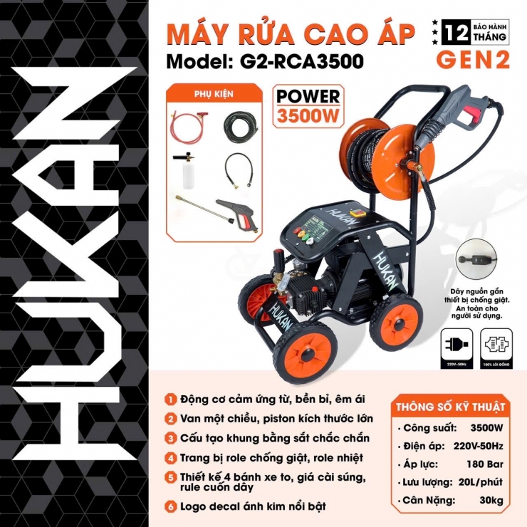 Máy rửa xe chuyên nghiệp Hukan G2-RCA3500 ( có chỉnh áp , xe đẩy )